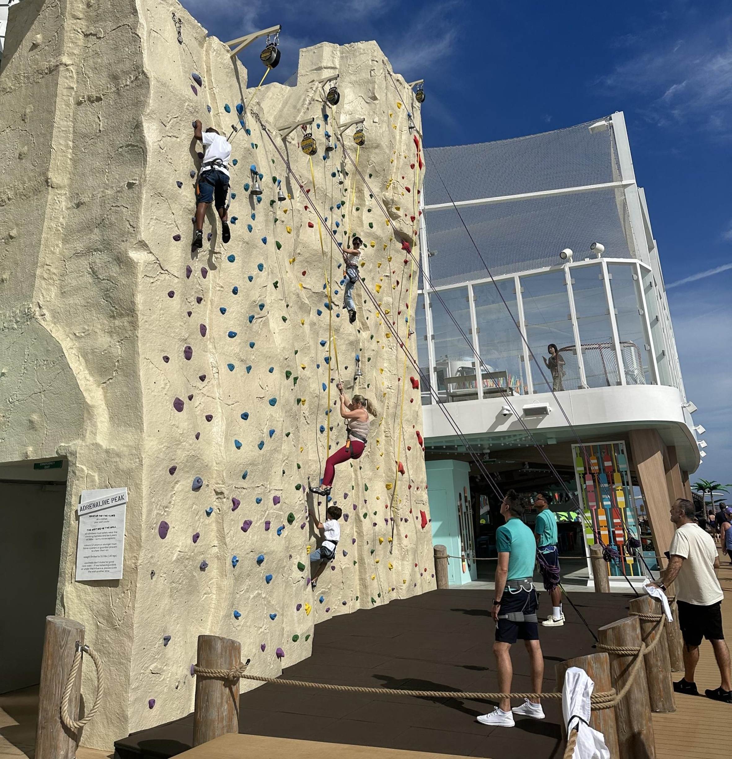 A group of people climbing a rock wall

Description automatically generated
