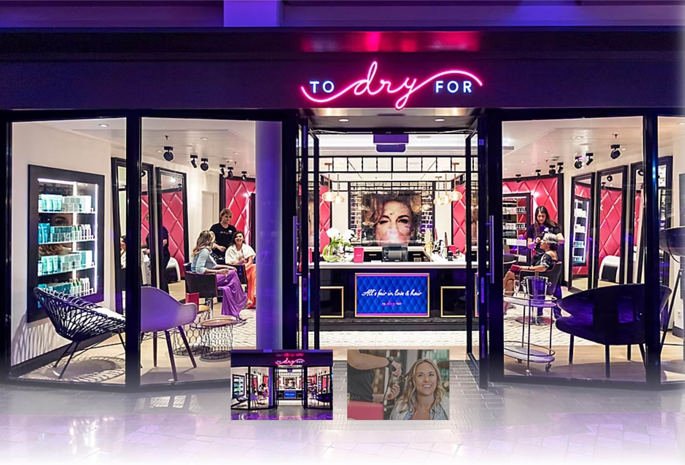 A store front with purple lights

Description automatically generated